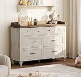 WAMPAT Baby Dresser with 6 Drawers for Kids Room, Antique White Kids Dresser Wooden Double Dressers for Bedroom, Storage Organizer for Children’s Bedroom, Nursery Furniture