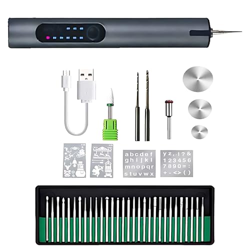 Deskium Rechargeable Engraving Pen For Metal, Wood, Glass & Plastic - Tool With 30 Bits, 3 Blades, Usb Charging & Templates For Diy Art