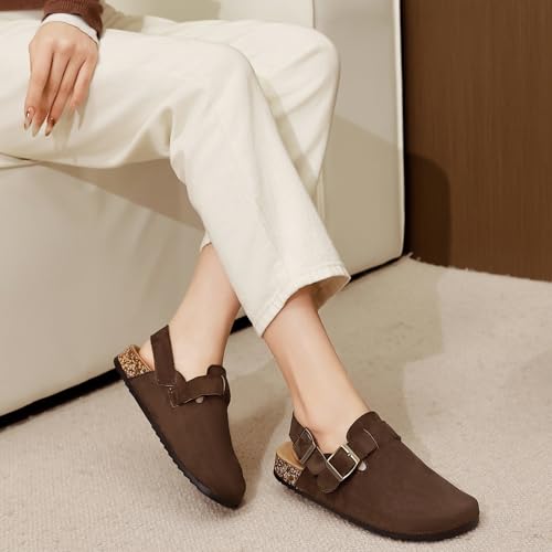 Image of Women's Suede Clogs with Back Strap Men's Cork Footbed Leather Mules Clogs for Women Comfort Memory Foam Slingback Clog Sandals with Adjustable Buckle Slip on Potato Shoes