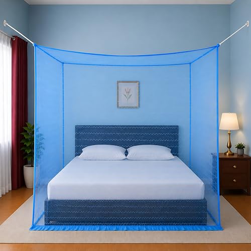 Image of Mosquito Net for King Size Bed & Double Bed (6x7 ft, Wall /Hook Hanging) Poly-Cotton Blend Fabric with Zigzag Wave Line Pattern, Pre-Fitted Bottom & Cotton Ribbon (Ocean Blue)