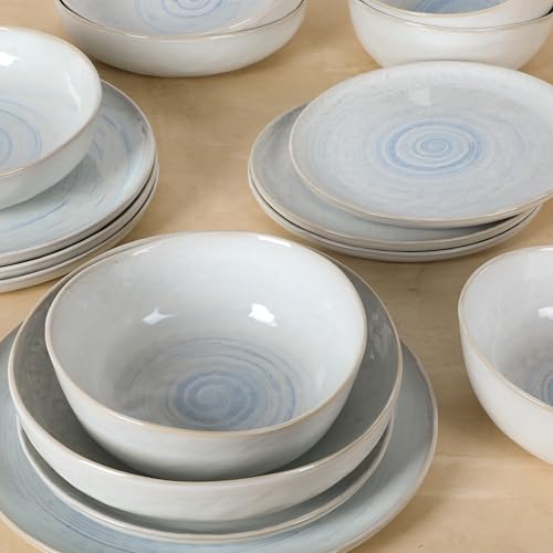 Image of Gibson Elite Auckland Blue Swirl Stoneware Reactive Glaze 16 Piece (Service for 4) Plates and Bowls Dinnerware Set