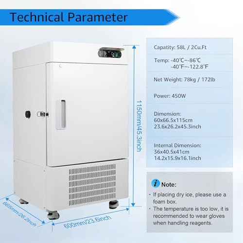 Image of 58L Lab Freezer, -86℃ / -122.8℉ Ultra Low-temp Refrigerator, Lab Cryogenic Freezer with Door Lock, Wheel for Scientific Research