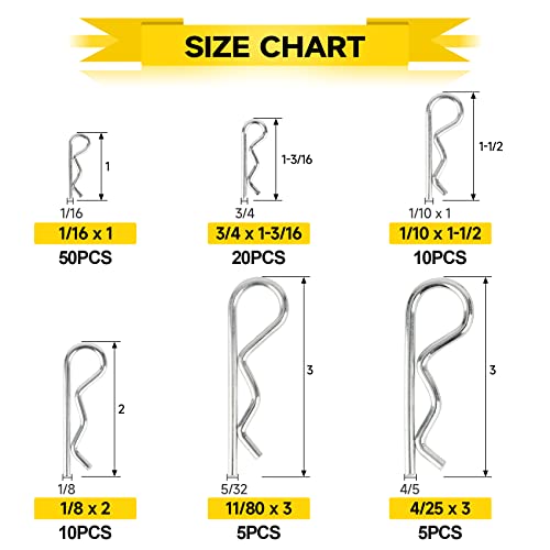 R Clips, 100Pcs Cotter Pins Assortment Kit- 6 Sizes Retaining Hair Pins Zinc Plated Steel Split Pins Fastener Fitting Set for Lawn Mower, Machinery, Garage, Trucks, Small Engine Repair