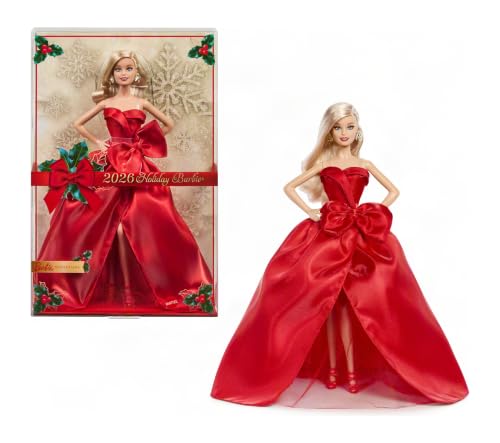 Barbie Signature Doll 2026 Holiday Blonde Fashion Doll Wearing Red Gown with Bow Seasonal Collector Doll in Displayable Packaging & Doll Stand