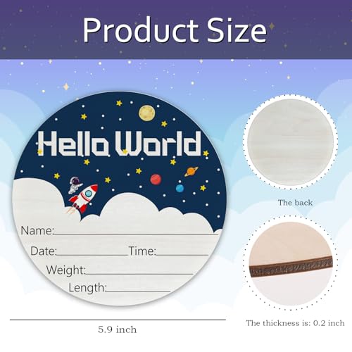 Image of Birth Announcement Sign Hello World Baby Name Wood Spaceship Theme | Round Wood Plaque with Stars & Spaceship Design, Custom Name Date Weight Length Great for Nursery Wall Baby Shower Gifts