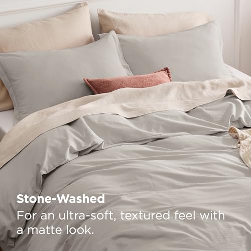 Bedsure 100% Stone Washed Cotton Duvet Cover Queen Size - Stone Color Minimalist Cotton Duvet Cover Linen Like for All Seasons - GentleSoft™ Plain Simple Bedding (Queen, 90"x90")