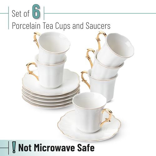 BTaT- Espresso Cups and Saucers Set of 6 With Gift Box, 3 oz, Demitasse Cups With Gold Rim, Porcelain, Christmas Gifts