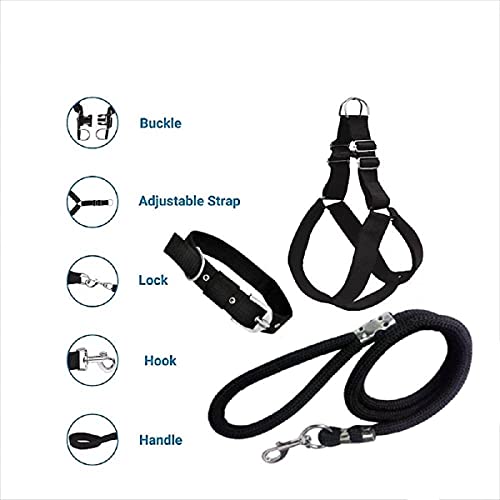 Image of Combo Pack of Nylon Padded Chest Belt Breathable Harnesss, Adjustable Neck Collar and Durable Rope for Your Pet Dogs for All Breeds Large Black