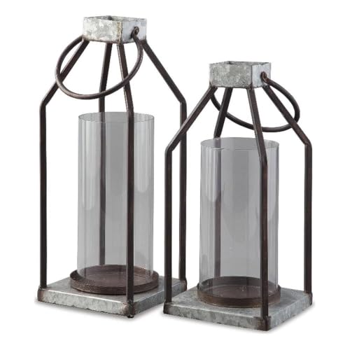 Signature Design by Ashley Diedrick Rustic Lantern, Set of 2, Indoor/Outdoor, Galvanized Metal, Antiqued Finish, Glass Shade, Holds 3 in. Pillar Candles (Not Included), 19" &17", Gray and Black - image 1