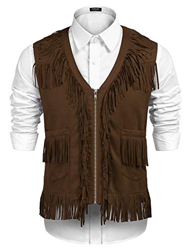 COOFANDY Men's Western Cowboy Vest Casual Fringe Hippie Costume V Neck Zipper Suede Leather Waistcoat Coffee