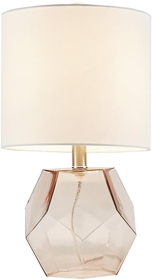 Pemberly Row Transitional Glass Table Lamp, 18" Height, Pink Glass Base, White Drum Shade, Fabric/Metal Construction, Contemporary Style Accent Lighting for Bedroom, Living Room, or Office