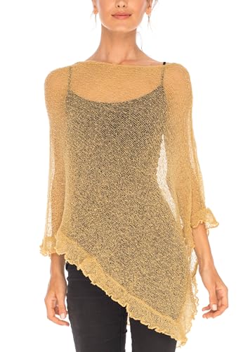 SHU-SHI Womens Sheer Poncho Shrug Lightweight Knit with Ruffle One Size Fits Most Nude Gold