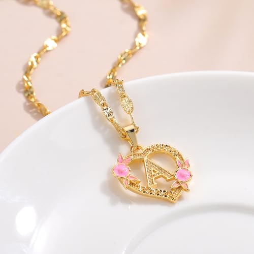 Gold Initial Heart Necklace For Women Heart Flower Letter Pendant For Girl Alphabet Name Jewelry Gift For Women Her 5