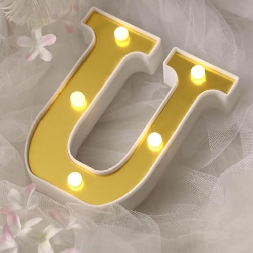 Image of Efavormart 6 inch Gold Marquee Letter U, Mirror Front Warm White LED Light Up 3D Sign, Battery Operated 72H Glow for Wedding Party & Wall Decor