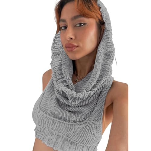 Image of Women's Knitted Hoodie Sweater Vest Sexy Sleeveless Hollow Out Hooded Crop Top Draped Sweatshirt Streetwear