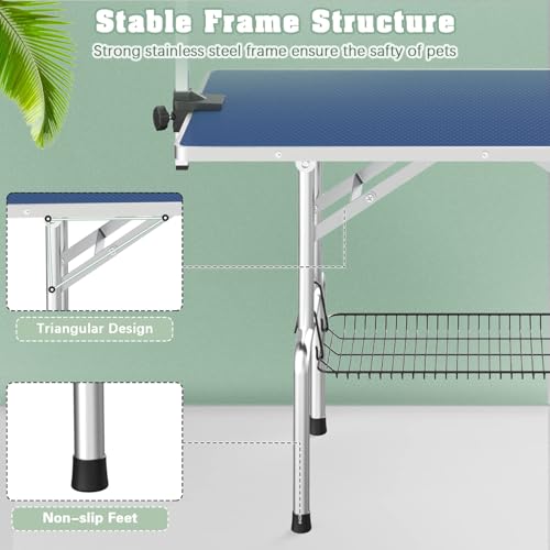 Image of Lyromix 36'' Stainless Steel Pet Dog Grooming Table, Arm /Noose /Tray, Blue