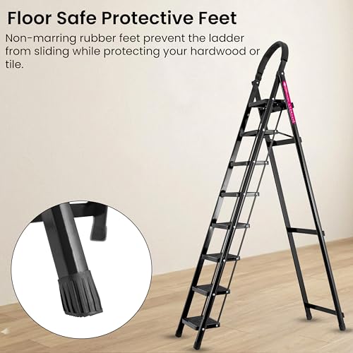 Image of Casa Copenhagen Black 8 Step Ladder for Home Use with Built-in Tool Tray | Heavy Duty D Shape Rods | Ultra Large Platform | Wide Rubber Feet | 150Kg Capacity Foldable Ladder - 7 Years Warranty