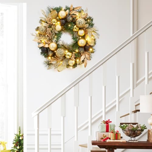 22 Inch Artificial Christmas Wreath, Pre-Lit Lighted Christmas Wreath with Ball Ornaments, Golden Leaves, Pine Needles, Winter Xmas Wreath with Timer for Door Window Fireplace