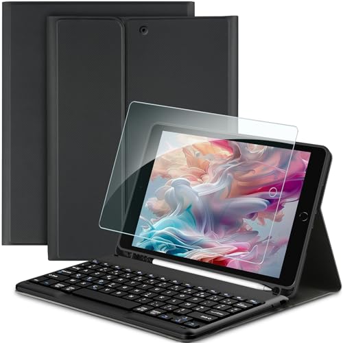 EasyAcc Étui Clavier pour iPad 9ème/8ème/7ème Génération Compatible avec iPad 10,2 Pouces avec Film de Protection, [Français], Étui de Protection pour Clavier Amovible avec Porte-Stylo, Noir