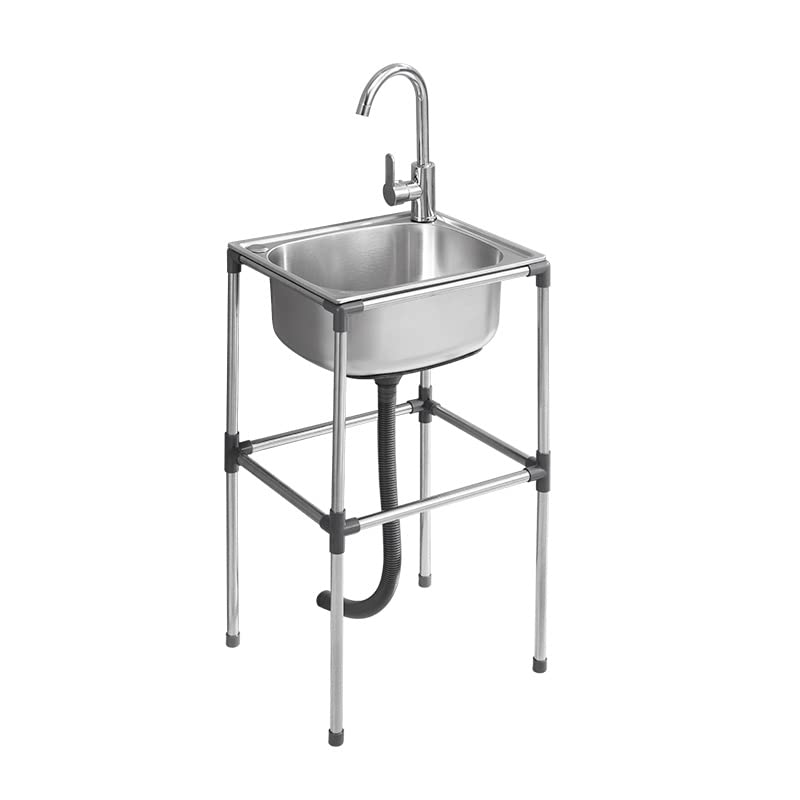 Stainless Steel Sinks, Hot and Cold Mixer Tap, Catering Sink Free Standing for Dining Table, Kitchen, Industrial Garage Sink, Laundry Room with Tap and Drain (37x31x75cm)