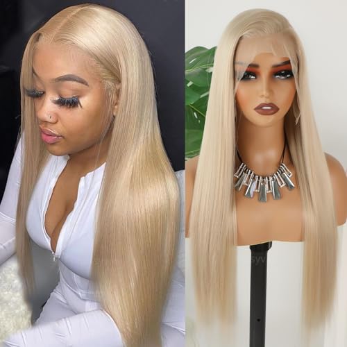 Missyvan 13x6 Light Blonde Lace Front Wigs - Glueless Long Straight Hair with Mixed Platinum Blonde Color, Natural Hairline, Heat Resistant Synthetic Fiber, Perfect for Fashion Women