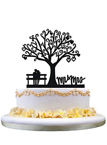 Couple sitting in Bench under tree wedding cake topper,Mr & Mrs topper