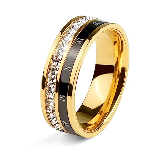 18K Gold Plated Roman Numeral Cubic Zirconia Ring for Men, Square CZ Gold Rings for Men, Spinner Silver Mens Rings Stainless Steel Size 5-13