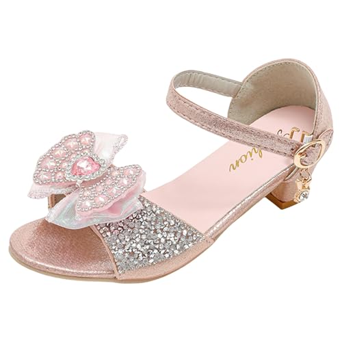 IWIHMIV Girls Dress Sandals Open Toe Low Chunky Heels Sandals Summer Party Dress Shoes with Rhinestone Bow