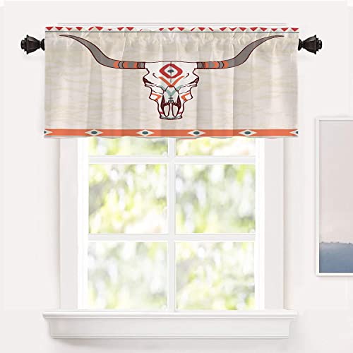 Shrahala Skull Ethnic Texas Kitchen Valances Half Window Curtain, Native American Indian Western Geometric Pattern Kitchen Valance For Window Ink Printing Kitchen Valance For Kitchen Decor 52X18 Inch #TOP21