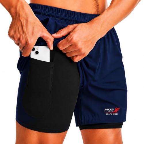 Image of Men's 2-in-1 Dual Layer Workout Shorts with Compression Liner, Phone Pocket, Quick-Dry Athletic Running Shorts for Gym, Training, Sports & Fitness