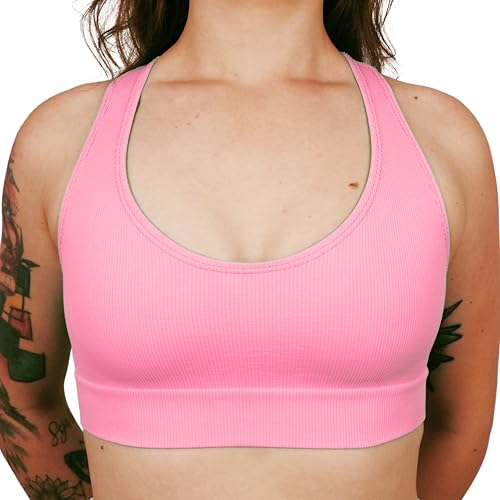 SELENE Top Academia Sem Costura Canelado Poliamida Nadador Sem Costura Feminino, Rosa Claro, P