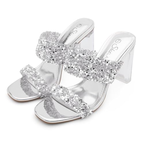 Image of Shoe Land Clear Heels for Women, Transparent Two Strap Chunky Block High Heel Mules, Slip On Square Toe Dressy Sandals for Wedding, Party, Prom