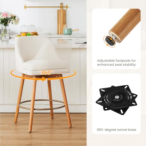 Image of kinmars Modern Bar Stools Set of 2,Swivel Counter Height Bar Stools with Soft Upholstered Back,Thick Seat,Wooden Legs, 27 inch Counter Stools for Kitchen Island (Beige, 2 Pieces - 27 inch Counter Height)