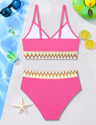 Image of DONWEN Girls Swimsuits V Neck Bikini Set Textured High Waist Girl Two Piece Bathing Suit