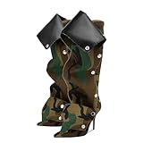 Arqa Womens Camouflage Stiletto Heel Knee High Boots Pointed Toe Applique Boot with Zipper Silver Buttons Fall Slouchy Boot Camo Size 7