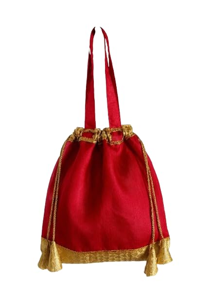 Veena creations Red Potli Handbag with Gold Tassel and Drawstring Closure, Traditional Indian Style Tote Bag .set of two bags-image-34