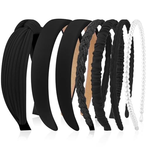 Kotkiddy Lot de 7 serre-têtes pour femmes, différents modèles, avec perles, bandeaux en plastique, serre-têtes pour cheveux, pour filles et femmes (Noir)
