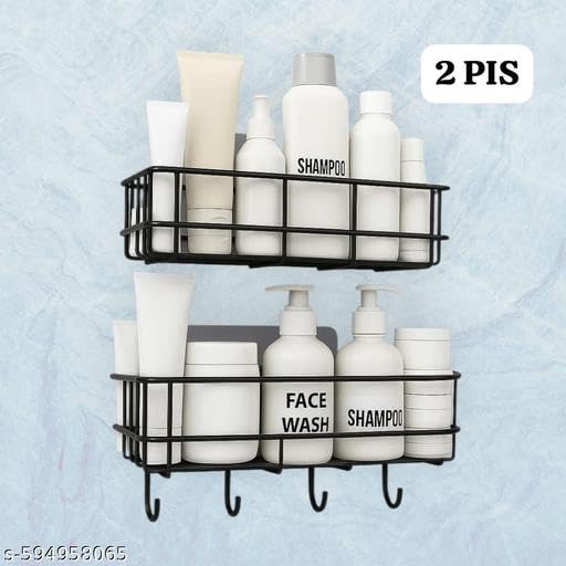 (Combo Offer) 2piC Powder Coated Self-Adhesive Shower Bathroom Shelf with Hooks, Hanging Toiletries Holder Makeup Storage Rack for Bathroom, Kitchen Spice Rack Shelf 3