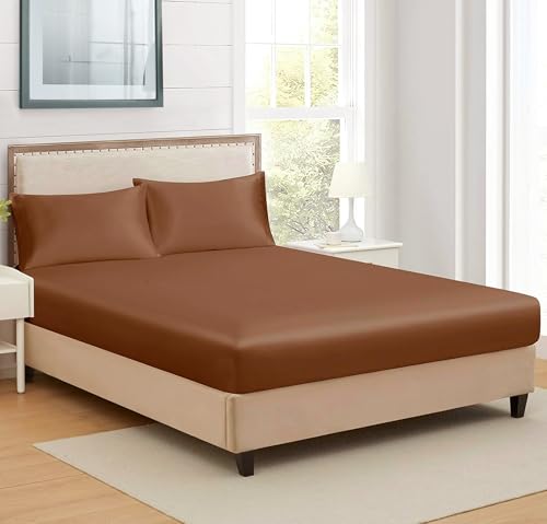 Image of RD TREND Microfiber Satin Weave Fitted Bedsheets for Queen Size Bed 78x60x10 Inch with 2 Pillow Covers-18x28 Inch | 400 TC All Around Elastic | Coffee