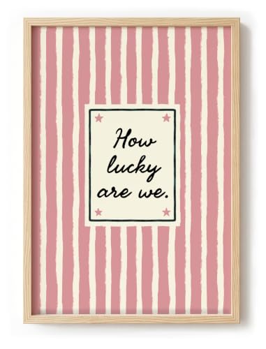 Image of Parmaro How Lucky Are We Pastel Pink Striped Wall Art Print, Minimalist Typography, Unframed, Archival 230gsm Matt Paper, A4 and A3