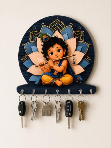 Image of Zepdos Baby Krishna Home Decor Key Hanger for Wall | Flute Design Key Hanger with 7 Hooks | Entrance Wall Mount Key Stand for Home, Living Room, Office, Gift Item (23 x 23 CM) (1 Pcs)