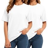 Combed Cotton Summer Tops for Women – Short Sleeve Crewneck T-Shirts, Compact Knit Loose Fit Basic Tees 2 Pack Black White
