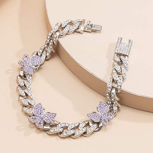 Ingemark Shiny Rhinestone Butterfly Anklet Hip Hop Cuban Link Ankle Chain Bracelet for Women Teen Girls Cute Fashion Music Party Rave Anklet Jewelry (#5 Silver+Purple) - Image 6