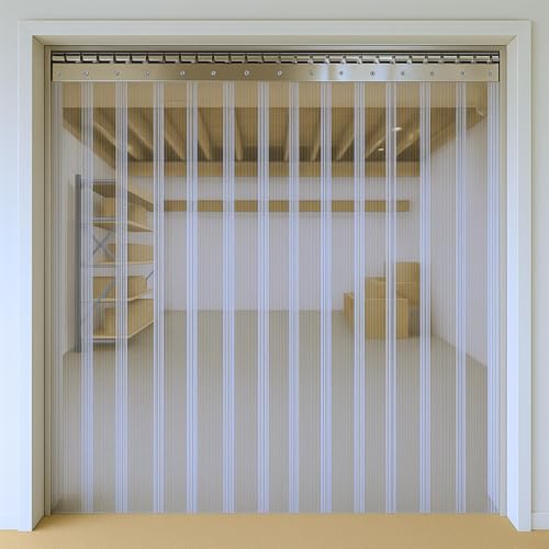 Image of Byson PVC Strip Curtain Door Kit 8 x 8 Feet (2.4 x 2.4 Meters) Coldroom Warehouse Catering Vinyl Ribbed Plastic Curtain Kit with 16 Strips (2mm Thick and 200mm Wide)