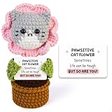 WoollyPearl Handmade Positive Crochet Cat Plush Gift – Cute Cat Flower Emotional Support Crochet Animal for Women, Mom, Best Friend, Inspirational Gifts