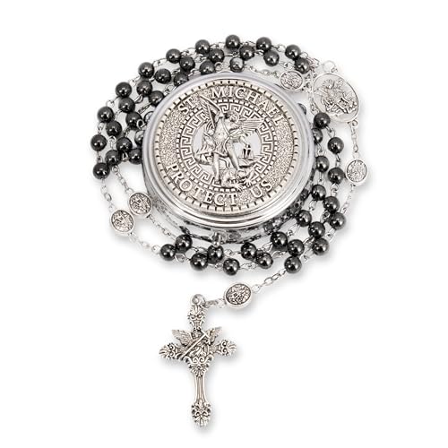 Nazareth Store Rosario de San Miguel Collar de cuentas de piedra hematita Cuentas de gloria de metal Medalla del Arcángel y cruz con caja de regalo de metal, 21', Piedra, No es una piedra preciosa