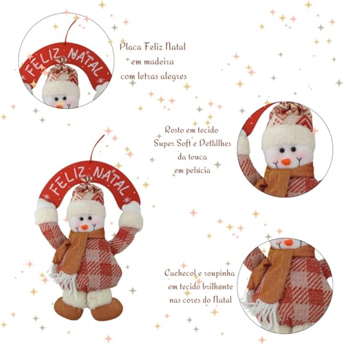 Enfeite de Natal de Pendurar com Placa Feliz Natal Papai Noel ou Boneco de Neve Xadrez 25 x 35cm | G