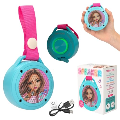 Depesche 13377 TOPModel - Mini-Enceinte Turquoise et Rose, avec Motif Mannequin et dragonne, Enceinte Bluetooth pour Les déplacements, câble de Recharge USB-C Inclus