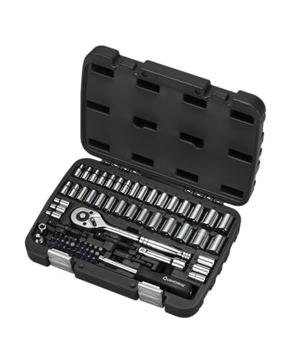 QUENCHING 74-Pcs 1/4 & 3/8 Inch Drive Socket Set with Ratchet Wrench, SAE/Metric (1/4-3/4 in, 4-19 mm) with Standard Sockets, Bit Set, Extension Bar, Adapter & Case for Auto Repair
