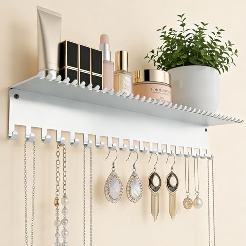 Conwithna Necklace Jewelry Holder Wall Hanging Organizer Hangers Storage Mounted Shelf with 56 Hooks Tray Display Girls Women Metal Door Earring Mount Key Chains Rack White